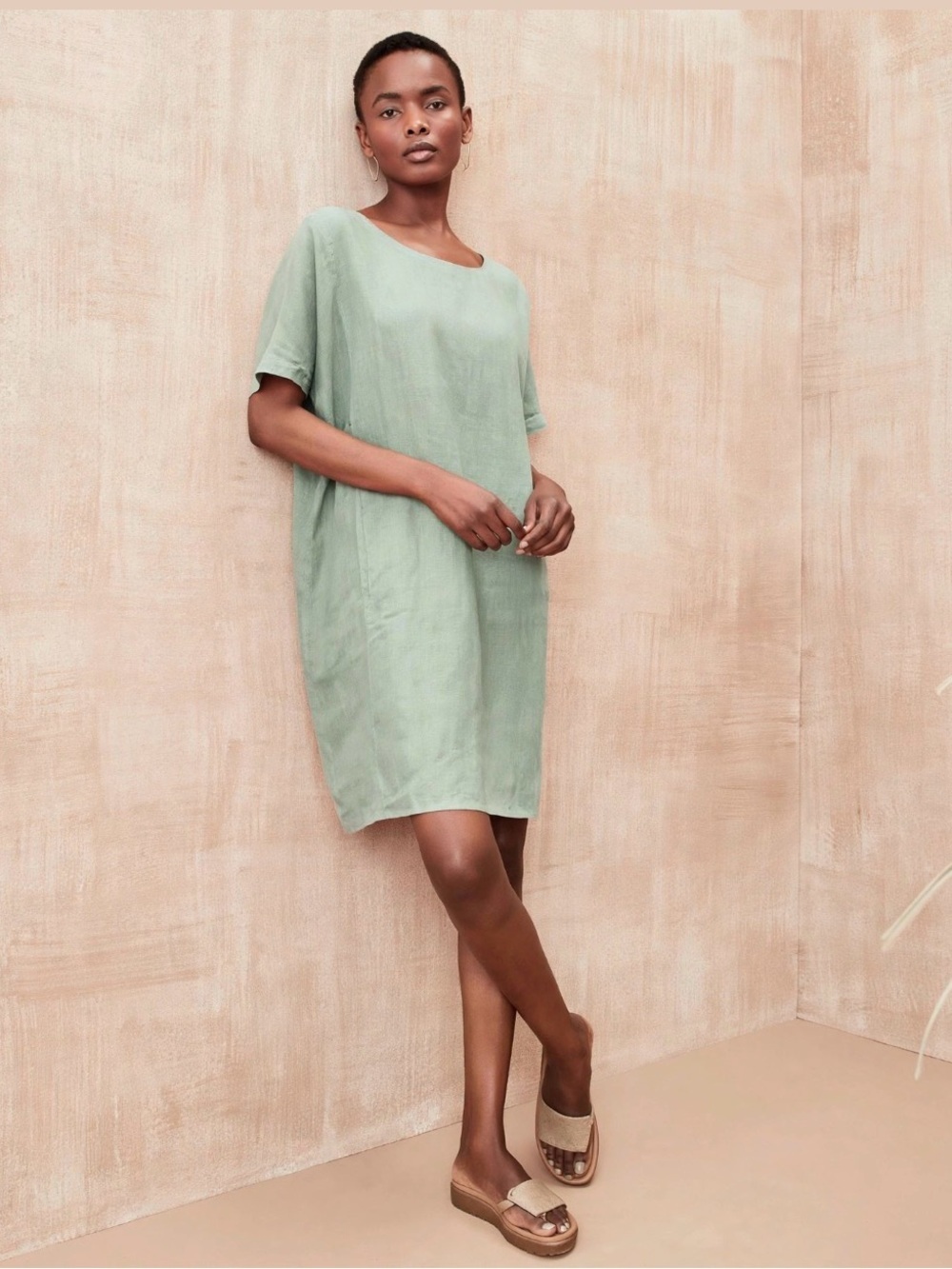 Eileen Fisher Sage Green Linen Midi Shift Dress